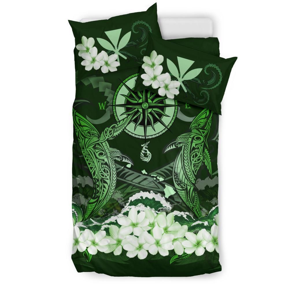 Polynesian Duvet Cover Set - Hawaii Bedding Set Shark Polynesia Compass Plumeria Green