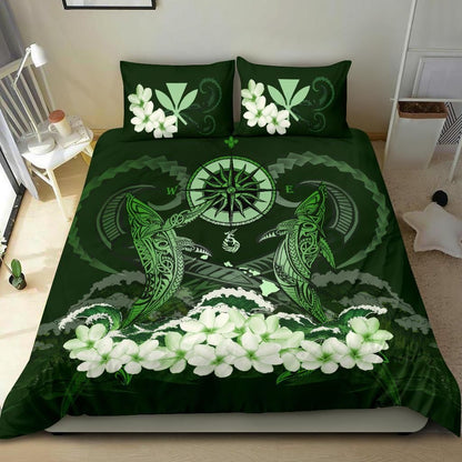Polynesian Duvet Cover Set - Hawaii Bedding Set Shark Polynesia Compass Plumeria Green