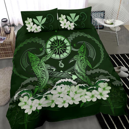 Polynesian Duvet Cover Set - Hawaii Bedding Set Shark Polynesia Compass Plumeria Green