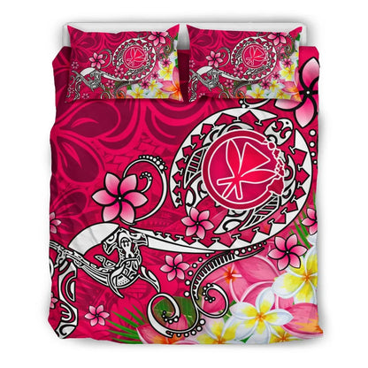 Hawaii Bedding Set - Turtle Plumeria Polynesian Tattoo Pink Color