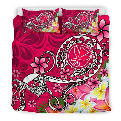 Hawaii Bedding Set - Turtle Plumeria Polynesian Tattoo Pink Color