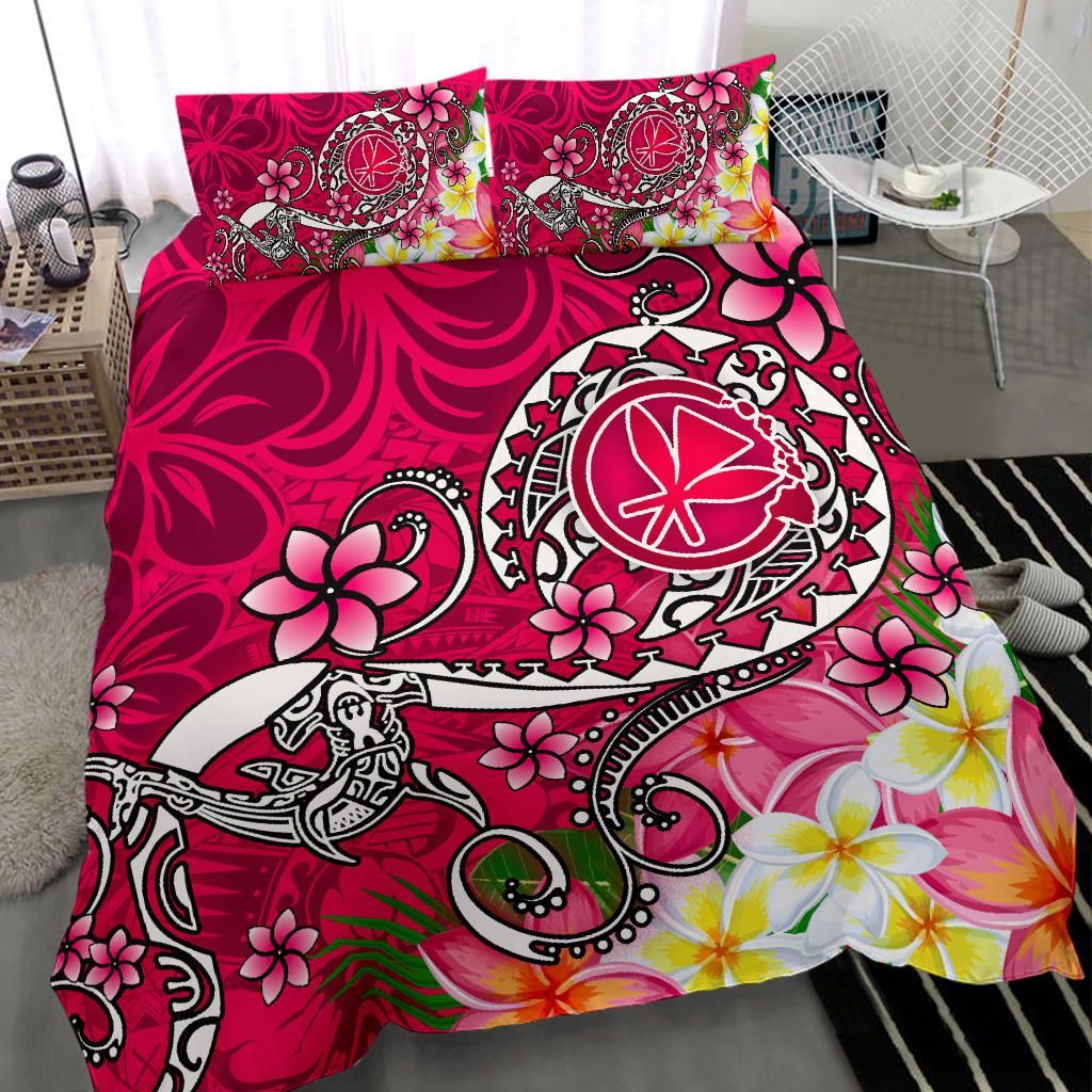 Hawaii Bedding Set - Turtle Plumeria Polynesian Tattoo Pink Color