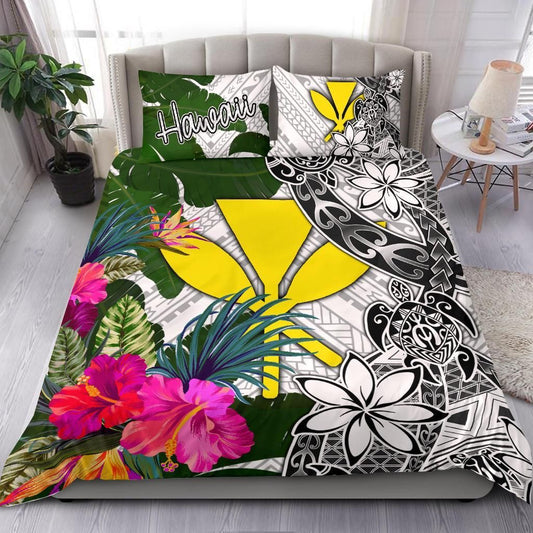 Hawaii Bedding Set White - Turtle Plumeria Banana Leaf