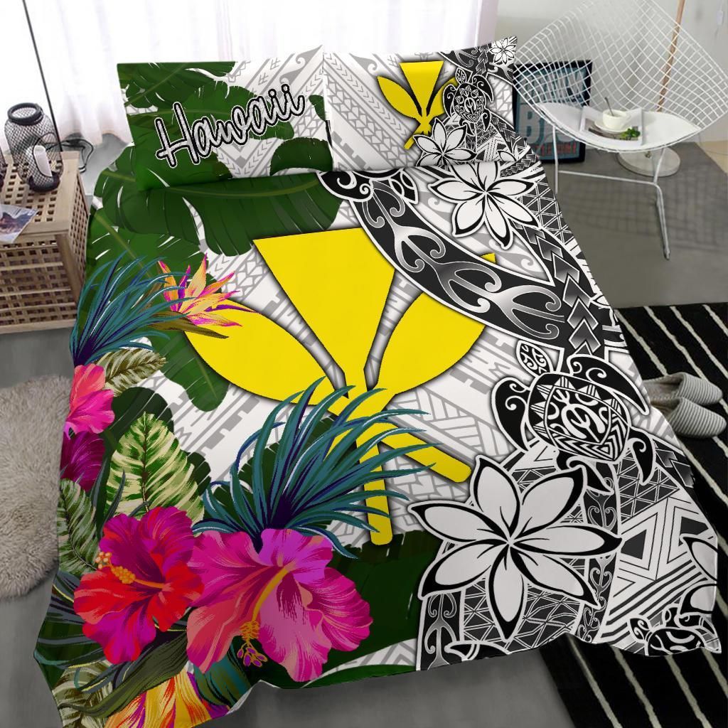 Hawaii Bedding Set White - Turtle Plumeria Banana Leaf