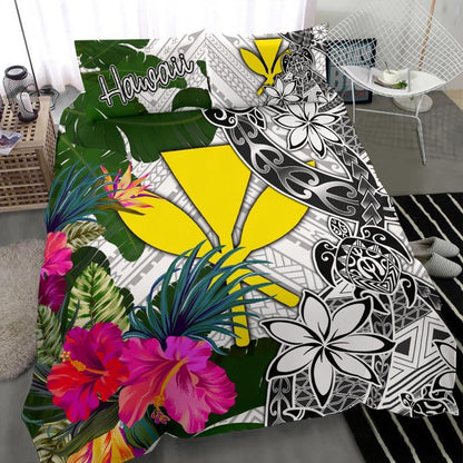 Hawaii Bedding Set White - Turtle Plumeria Banana Leaf