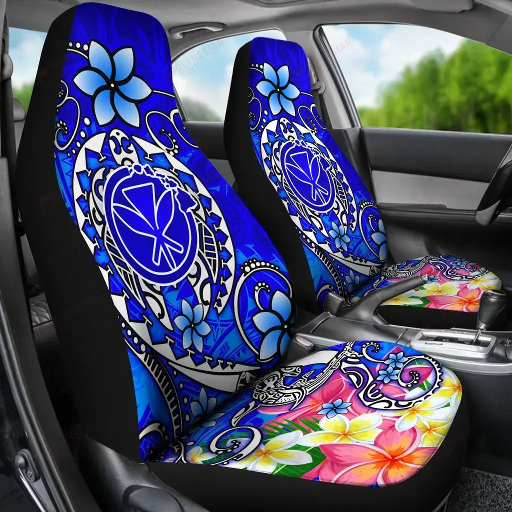 Hawaii Car Seat Covers - Turtle Plumeria Polynesian Tattoo Blue Color