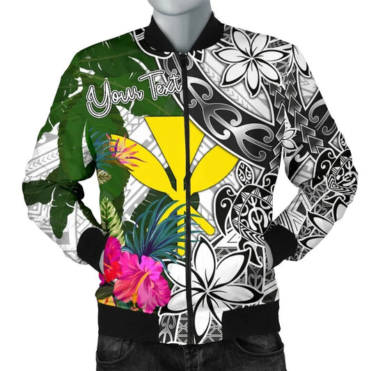 Hawaii Custom Personalised Bomber Jacket White - Turtle Plumeria Banana Leaf
