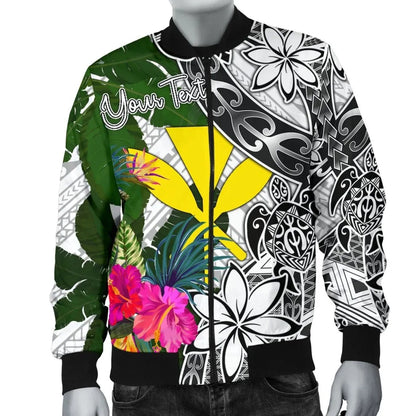 Hawaii Custom Personalised Bomber Jacket White - Turtle Plumeria Banana Leaf