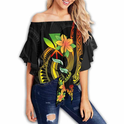 Hawaii Custom Personalised Off Shoulder Wrap Waist Top - Plumeria Flowers With Spiral Patterns (Reggae)
