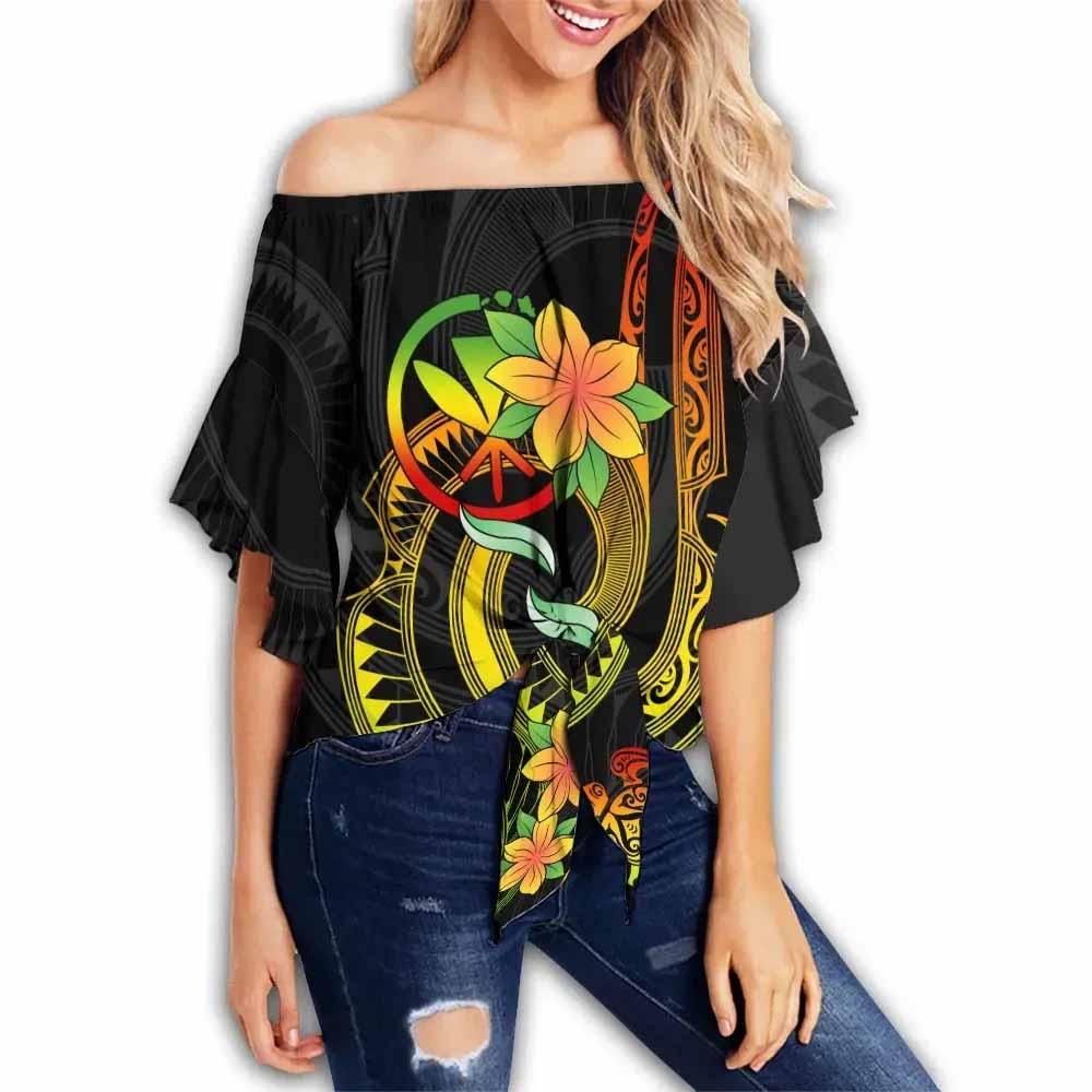 Hawaii Custom Personalised Off Shoulder Wrap Waist Top - Plumeria Flowers With Spiral Patterns (Reggae)