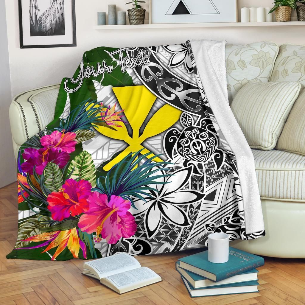 Hawaii Custom Personalised Premium Blanket White - Turtle Plumeria Banana Leaf