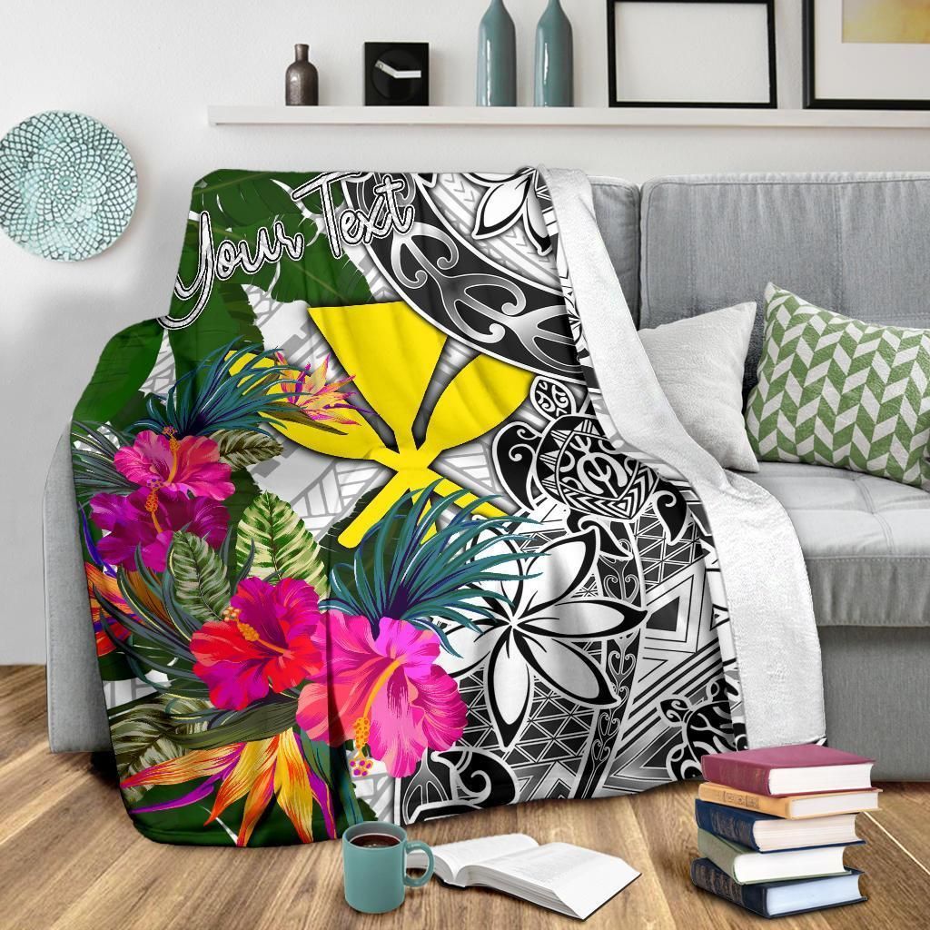 Hawaii Custom Personalised Premium Blanket White - Turtle Plumeria Banana Leaf