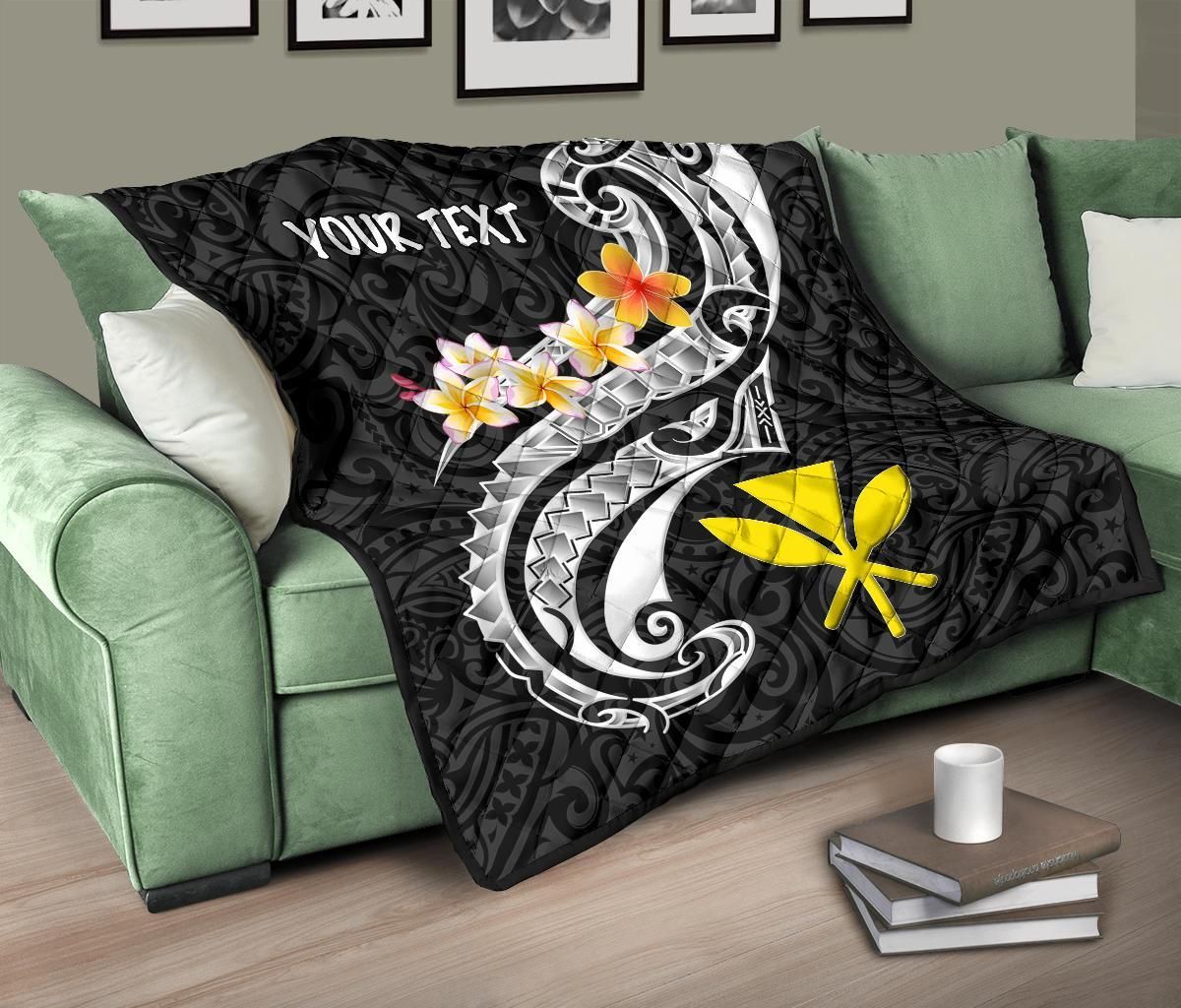 Hawaii Custom Personalised Premium Quilt - Kanaka Maoli Polynesian Patterns Plumeria (Black)