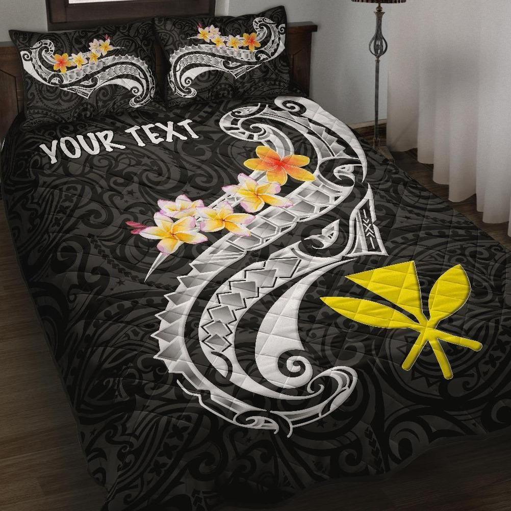 Hawaii Custom Personalised Quilt Bed Set - Kanaka Maoli Polynesian Patterns Plumeria (Black)