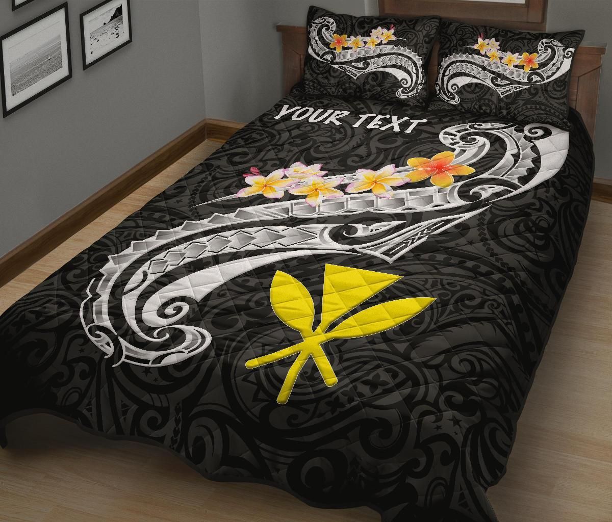 Hawaii Custom Personalised Quilt Bed Set - Kanaka Maoli Polynesian Patterns Plumeria (Black)