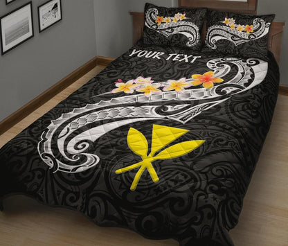 Hawaii Custom Personalised Quilt Bed Set - Kanaka Maoli Polynesian Patterns Plumeria (Black)