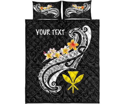 Hawaii Custom Personalised Quilt Bed Set - Kanaka Maoli Polynesian Patterns Plumeria (Black)