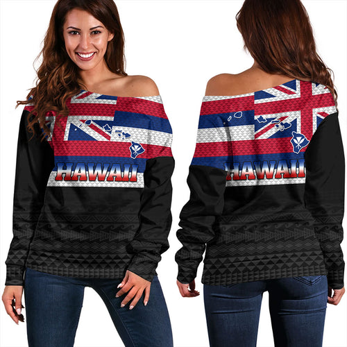 Hawaii Off Shoulder Sweatshirt Flag And Map Kakau Pattern
