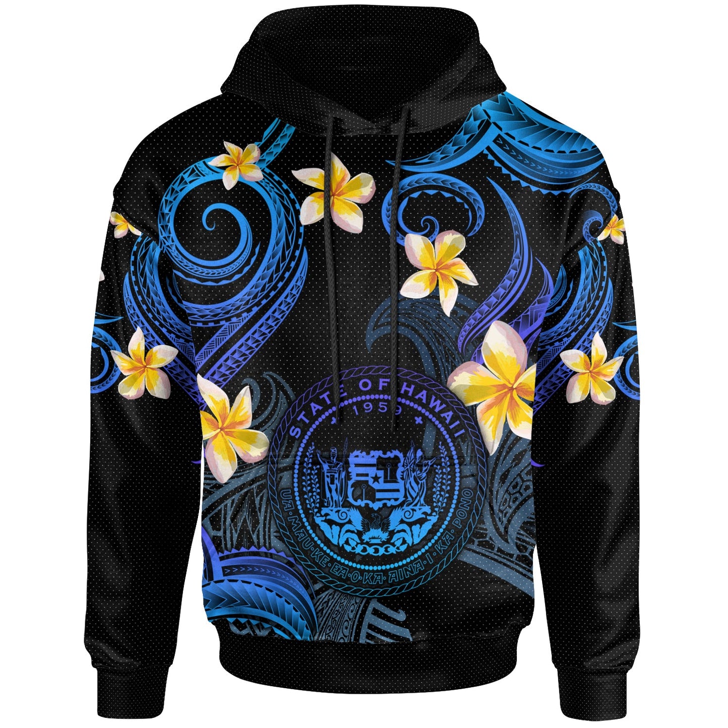Hawaii Hoodie - Custom Personalised Polynesian Waves with Plumeria Flowers (Blue)