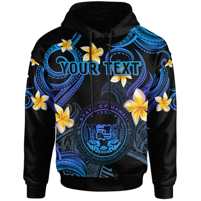 Hawaii Hoodie - Custom Personalised Polynesian Waves with Plumeria Flowers (Blue)