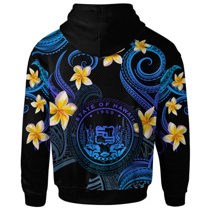 Hawaii Hoodie - Custom Personalised Polynesian Waves with Plumeria Flowers (Blue)
