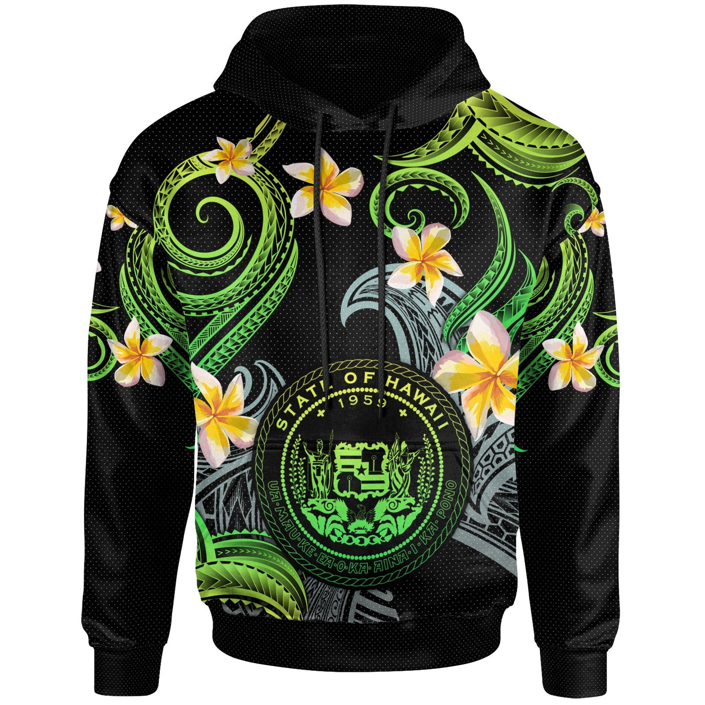 Hawaii Hoodie - Custom Personalised Polynesian Waves with Plumeria Flowers (Green)