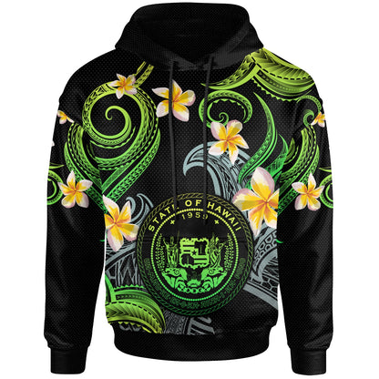 Hawaii Hoodie - Custom Personalised Polynesian Waves with Plumeria Flowers (Green)
