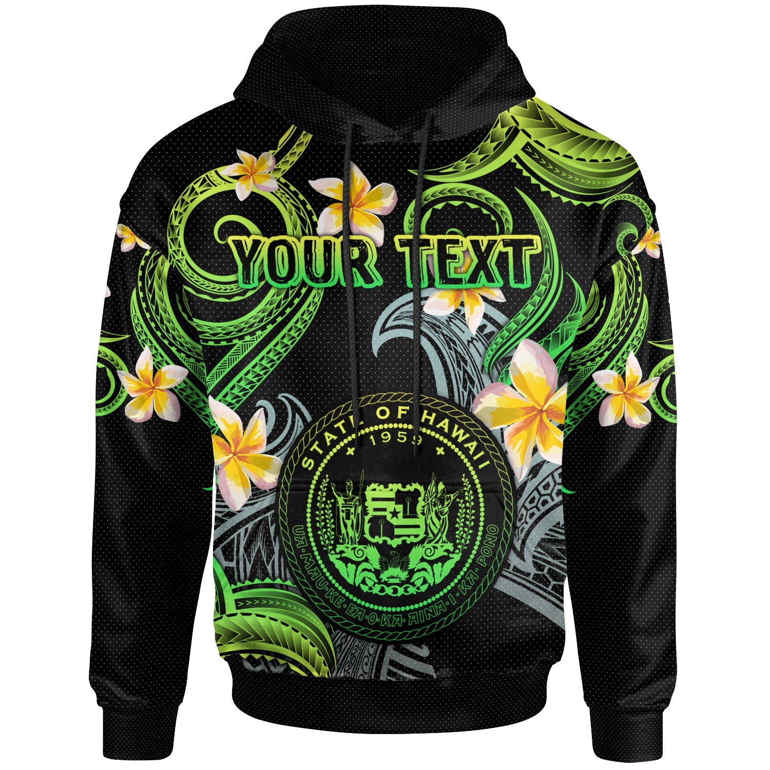 Hawaii Hoodie - Custom Personalised Polynesian Waves with Plumeria Flowers (Green)