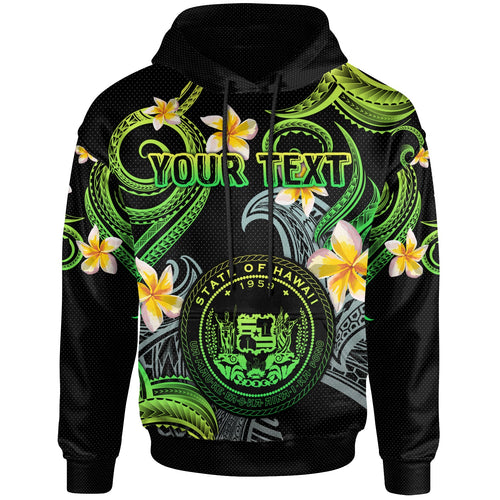 Hawaii Hoodie - Custom Personalised Polynesian Waves with Plumeria Flowers (Green)