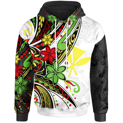 Hawaii Hoodie -  Tribal Flower With Special Turtles White Black