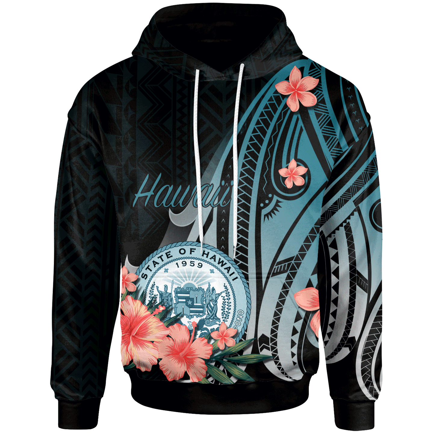 Hawaii Hoodie - Turquoise Polynesian Hibiscus Pattern Style