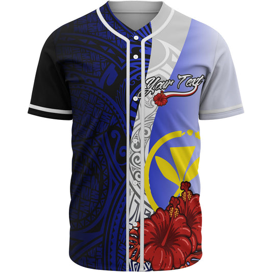 Hawaii Kanaka Maoli Polynesian Custom Personalised Baseball Shirt - Coat Of Arm With Hibiscus Blue