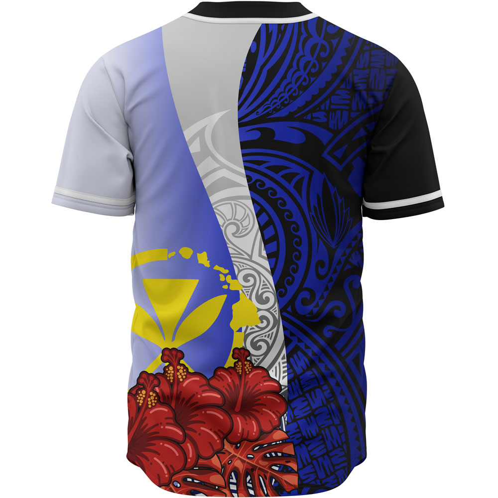 Hawaii Kanaka Maoli Polynesian Custom Personalised Baseball Shirt - Coat Of Arm With Hibiscus Blue