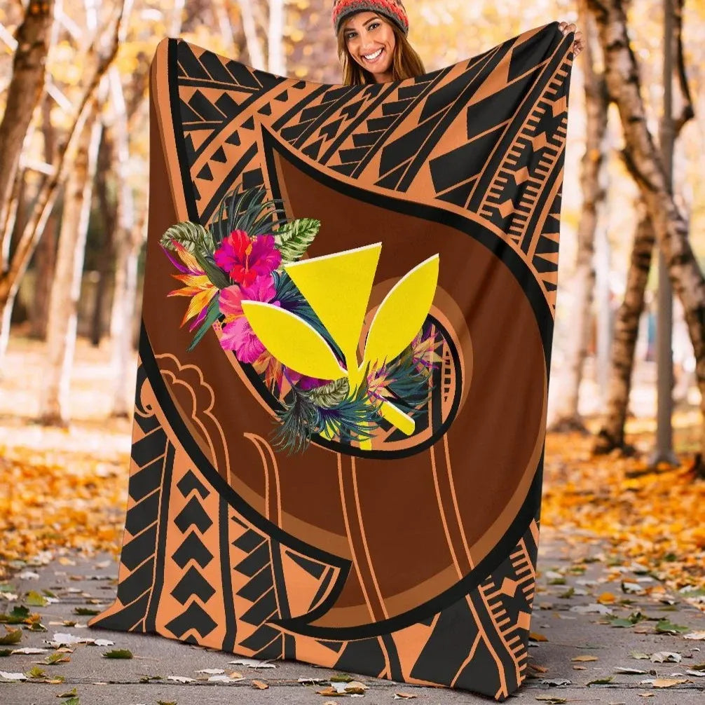 Hawaii Kanaka Maoli Premium Blanket - Polynesian Hook And Hibiscus