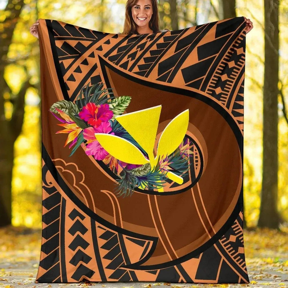 Hawaii Kanaka Maoli Premium Blanket - Polynesian Hook And Hibiscus