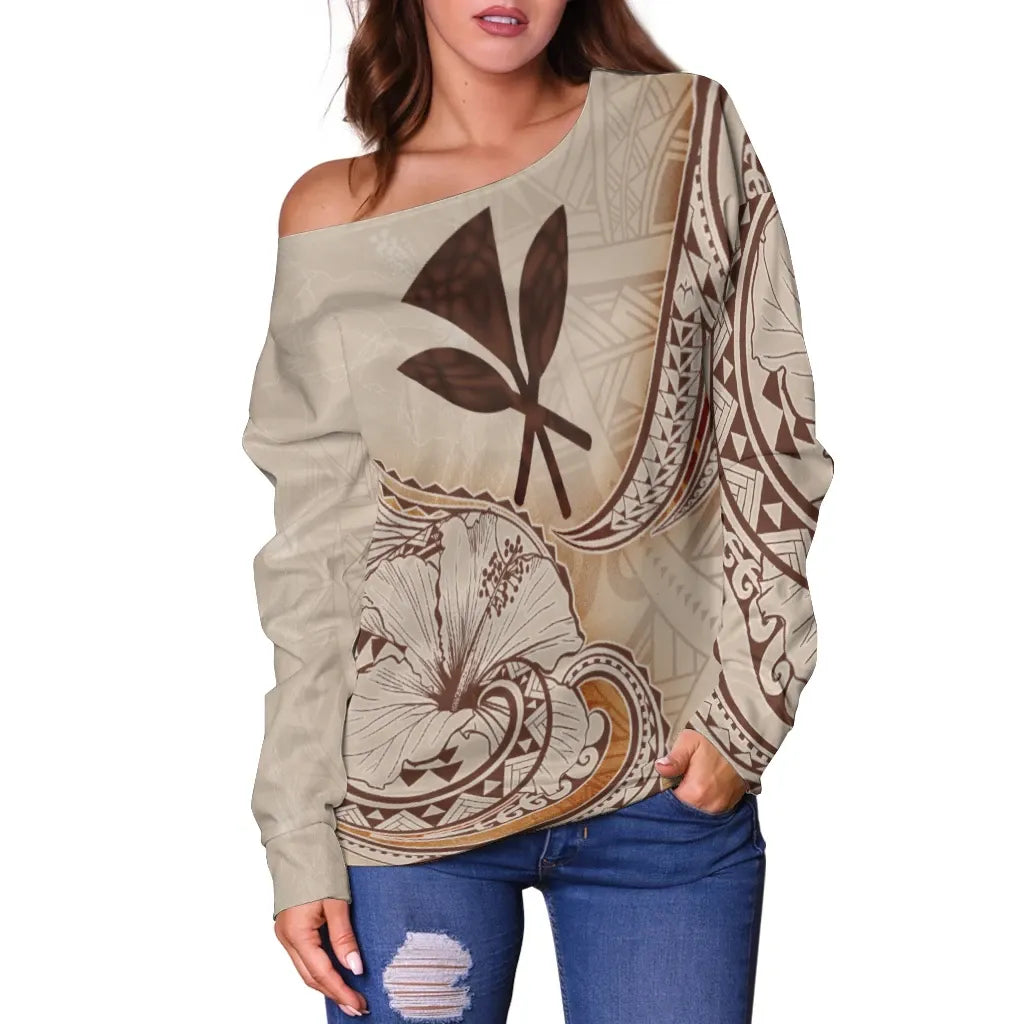 Hawaii Kanaka Maoli Women Off Shoulder Sweater - Hibiscus Flowers Vintage Style