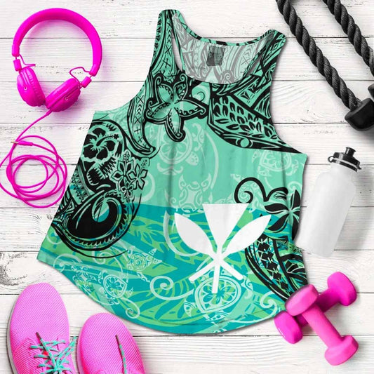 Hawaii Kanaka Maoli Women Racerback Tank - Vintage Floral Pattern Green Color