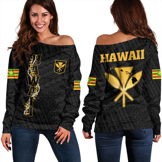 Hawaii Off Shoulder Sweatshirt Kanaka Maoli Floral Puakenikeni Lei