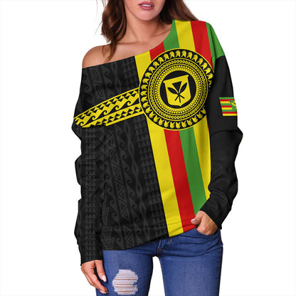 Hawaii Off Shoulder Sweatshirt Kanaka Maoli Flag Polynesian