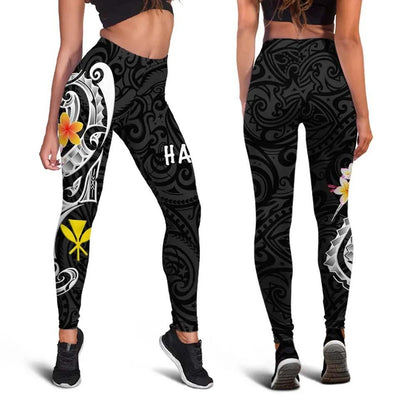 Hawaii Legging - Kanaka Maoli Polynesian Patterns Plumeria (Black)