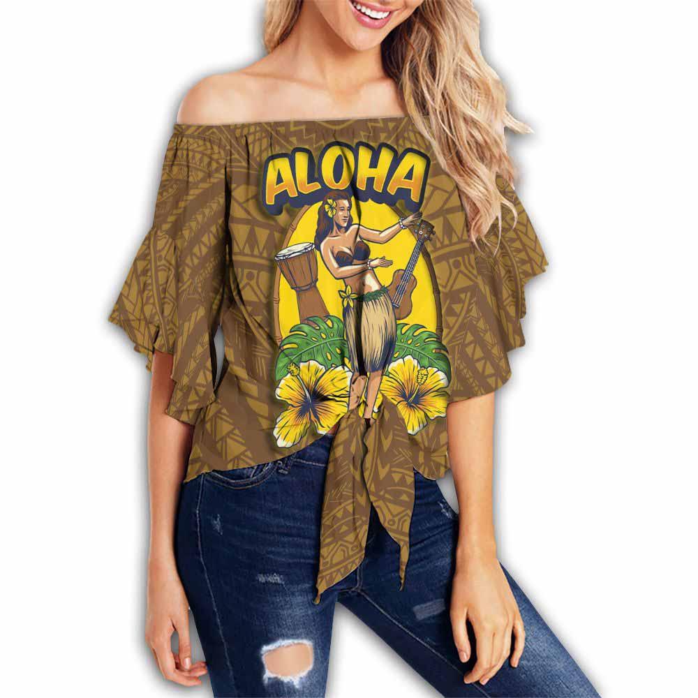 Hawaii Off Shoulder Wrap Waist Top - Aloha Hula Girl