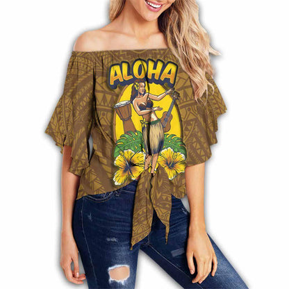 Hawaii Off Shoulder Wrap Waist Top - Aloha Hula Girl