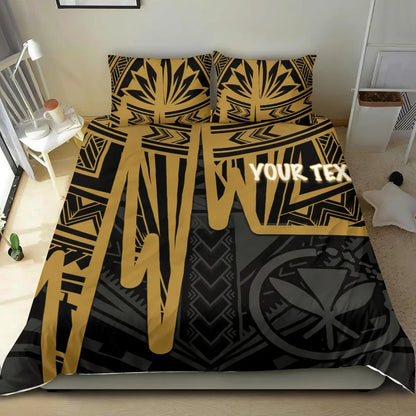 Hawaii Personalised Bedding Set - Kanaka Maoli With Polynesian Pattern In Heartbeat Style (Gold)