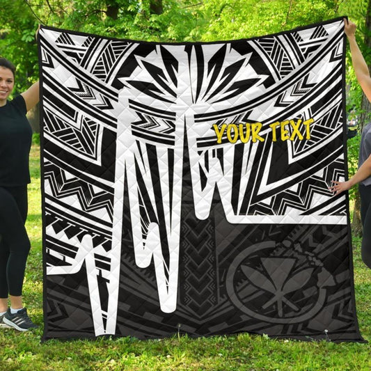 Hawaii Personalised Premium Quilt -  Kanaka Maoli With Polynesian Pattern In Heartbeat Style (Black,White)
