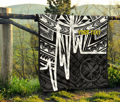 Hawaii Personalised Premium Quilt -  Kanaka Maoli With Polynesian Pattern In Heartbeat Style (Black,White)