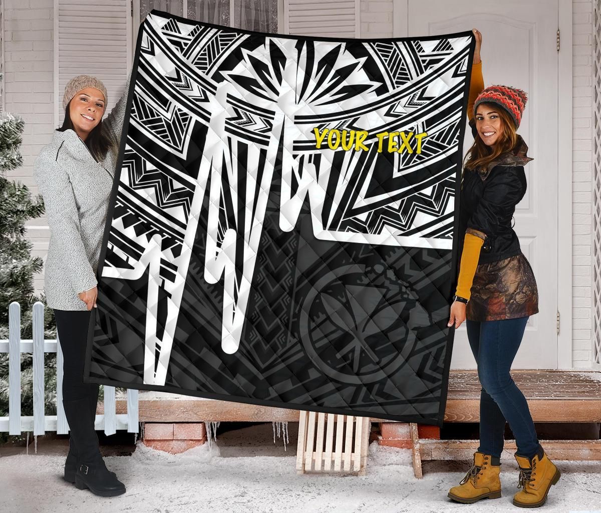 Hawaii Personalised Premium Quilt -  Kanaka Maoli With Polynesian Pattern In Heartbeat Style (Black,White)