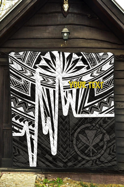 Hawaii Personalised Premium Quilt -  Kanaka Maoli With Polynesian Pattern In Heartbeat Style (Black,White)