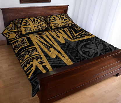 Hawaii Personalised Quilt Bed Set - Kanaka Maoli With Polynesian Pattern In Heartbeat Style (Gold)