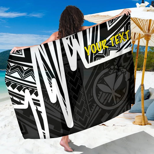 Hawaii Personalised Sarongs -  Kanaka Maoli With Polynesian Pattern In Heartbeat Style (Black,White)