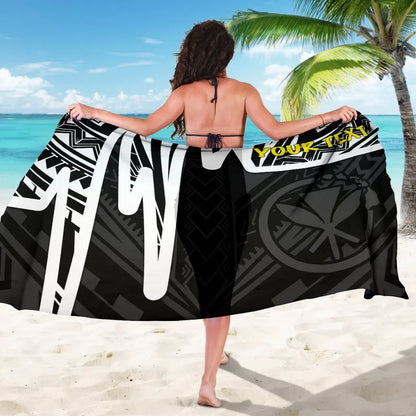 Hawaii Personalised Sarongs -  Kanaka Maoli With Polynesian Pattern In Heartbeat Style (Black,White)